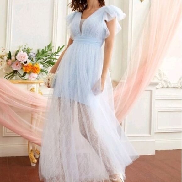 BABY BLUE CONTRAST MESH MAXI DRESS - Picture 1 of 10